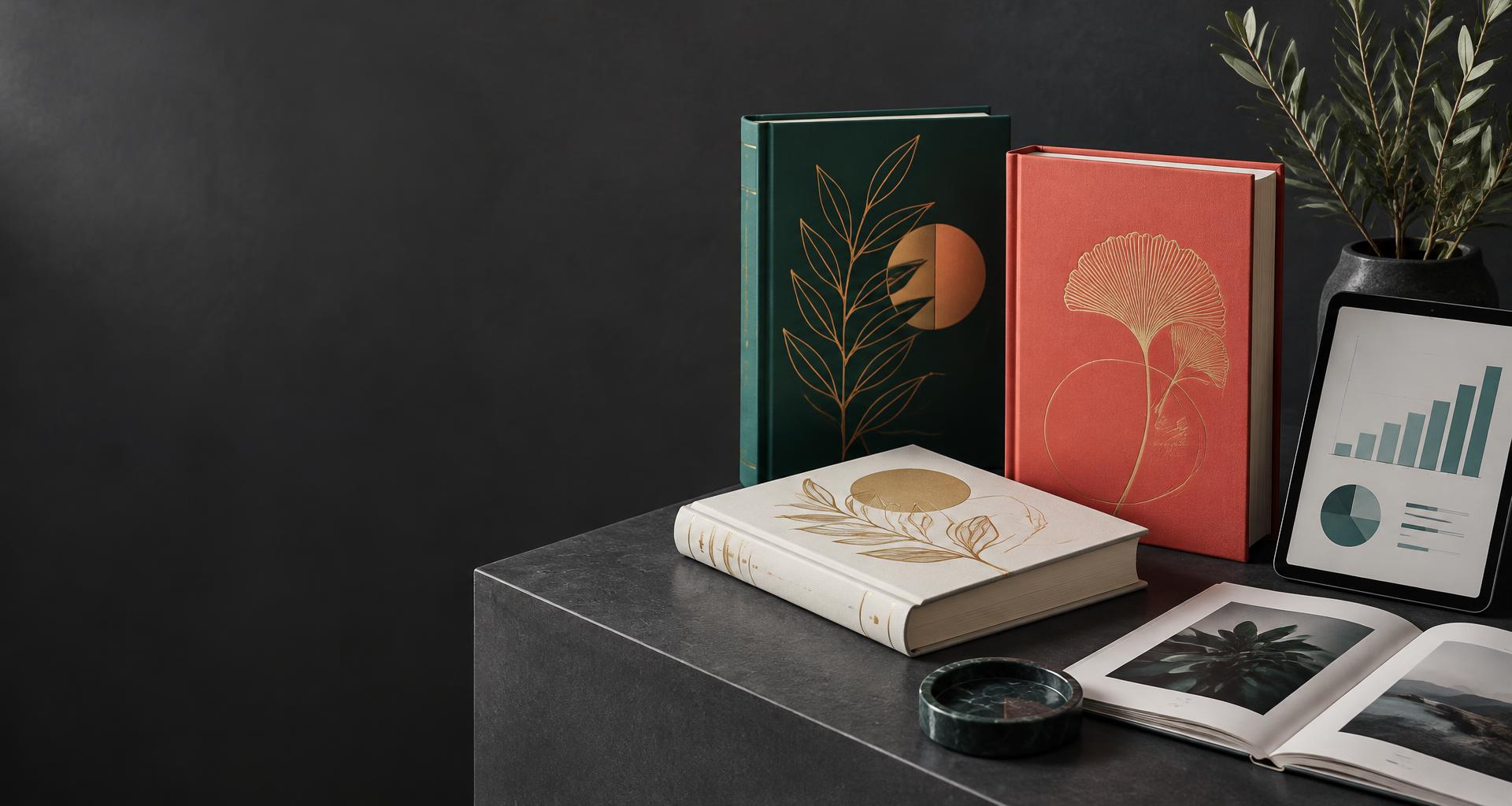 Editorial book designs and a campaign chart on a studio display
